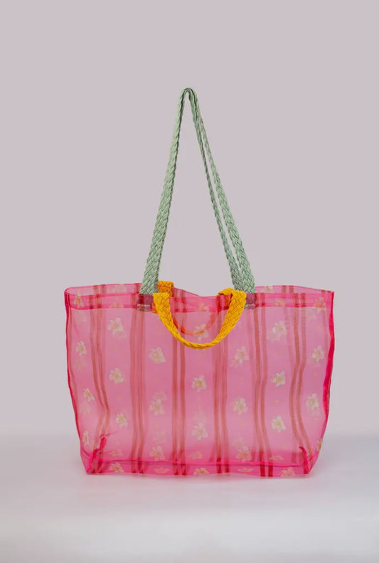 Floral Stripe Large Mesh Market Bag